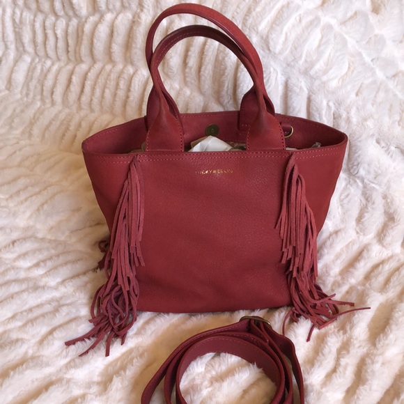 Lucky Brand Red leather Fringe Bucket Bag with crossbody strap Tribal Pattern - Picture 5 of 14
